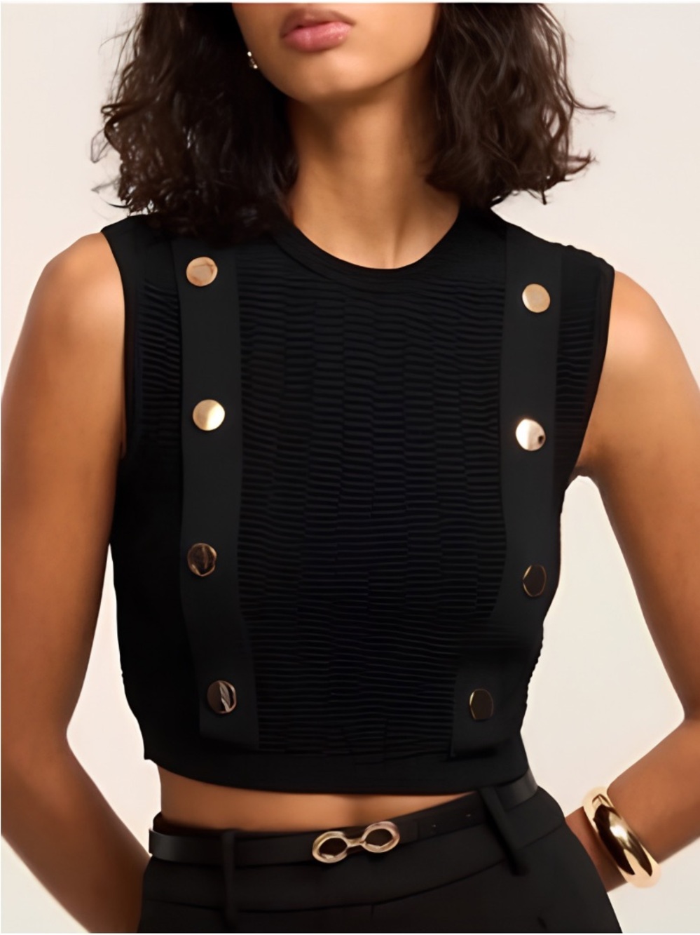 Zara Jacquard Textured Crop Top with Gold Button Embellishments in Black